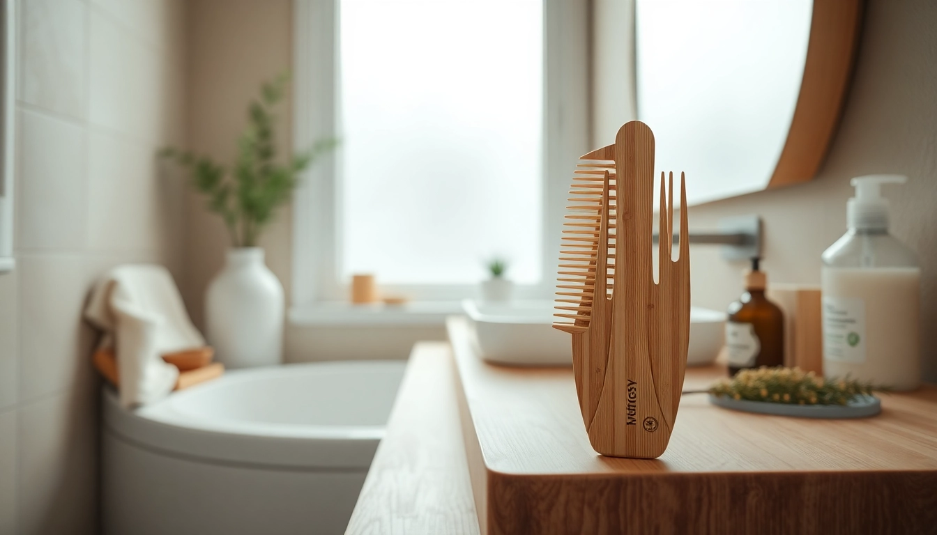 Woman using a wide tooth comb to detangle her hair gently.