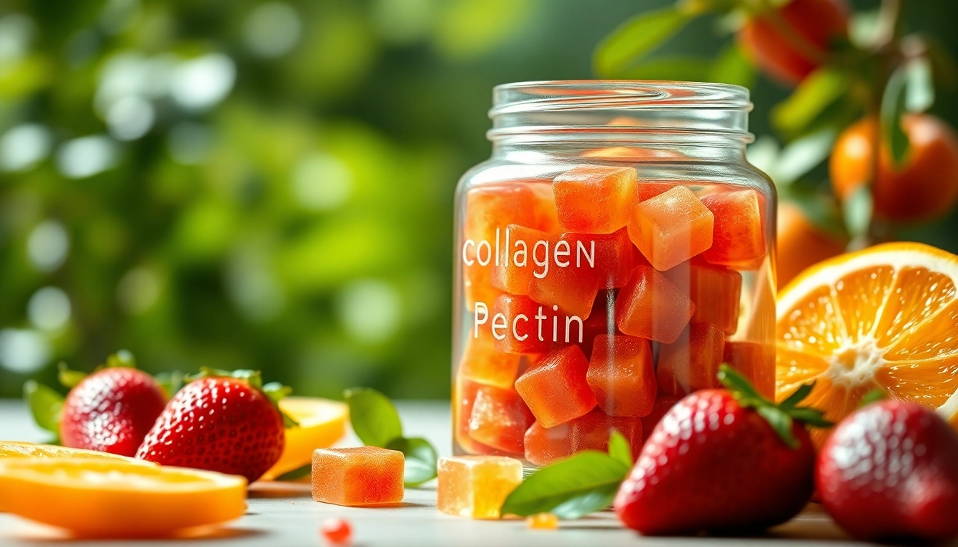 Indulge in tasty Collagen pectin gummies with fresh fruits in a vibrant natural setting.