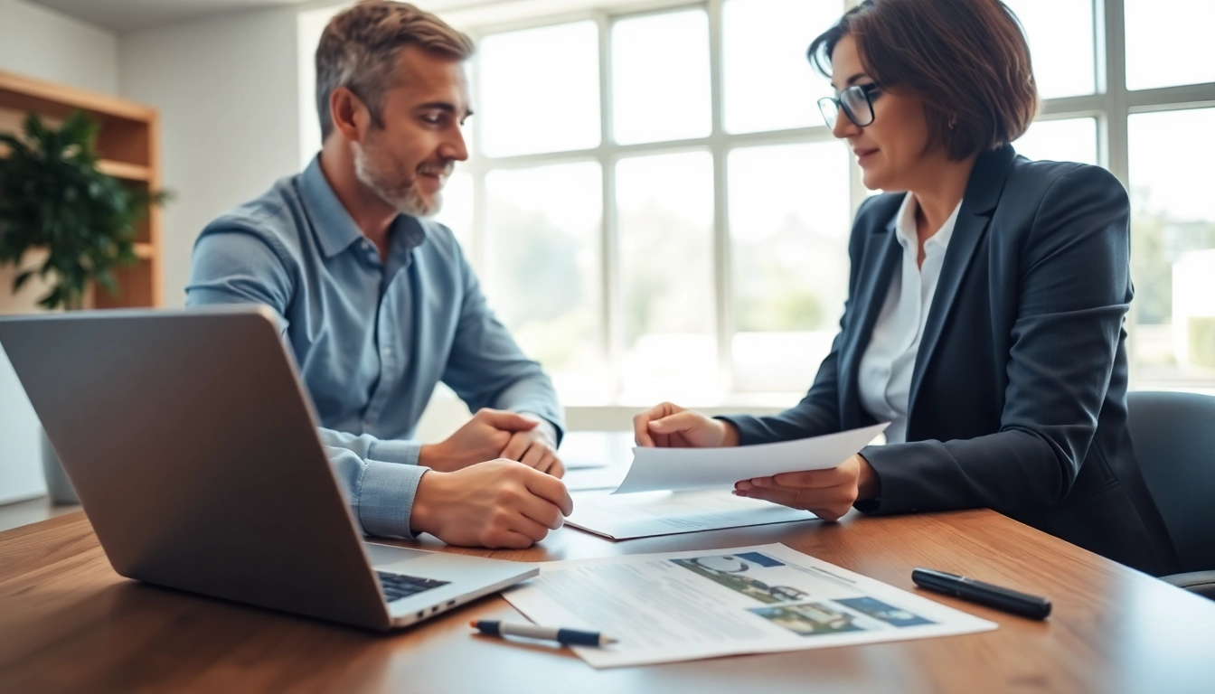 Insurance adjuster discussing Property Insurance Claims with a client in a bright office.