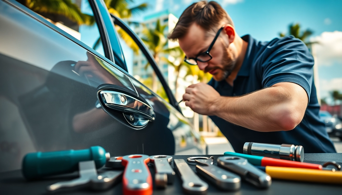 Carballo Locksmith expertly handling a car lock in Miami's urban environment with bright lighting.