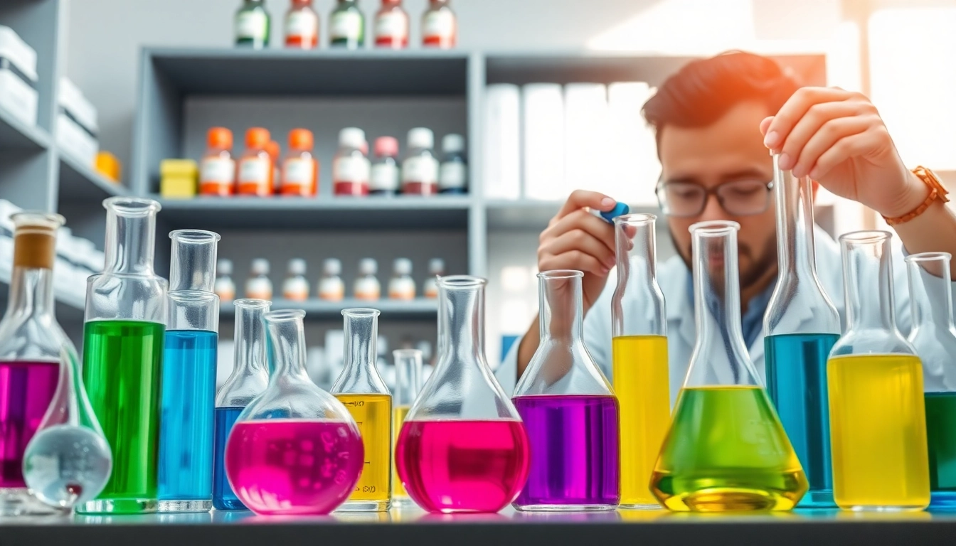 Chemicals in colorful solutions displayed prominently in a modern laboratory setup.