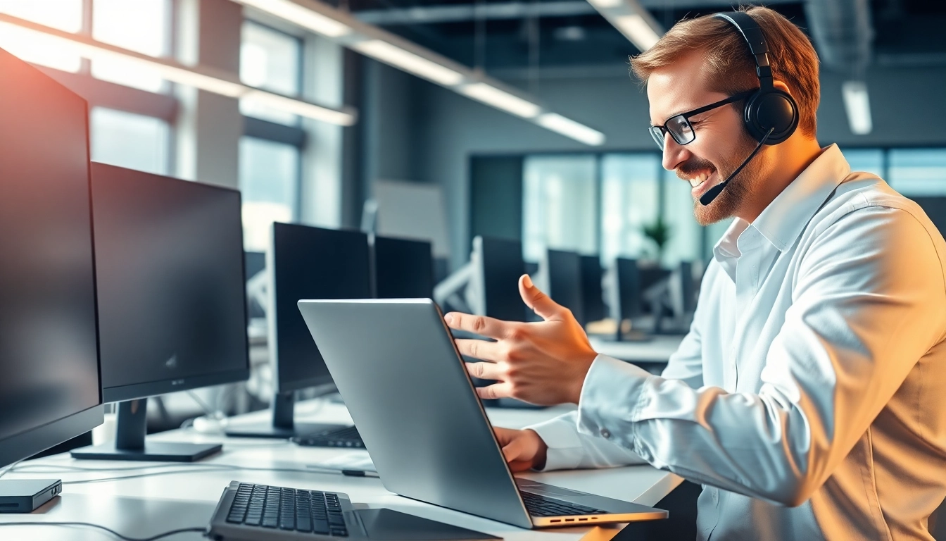 Engaging technician providing computer support and services to a client in a modern office.