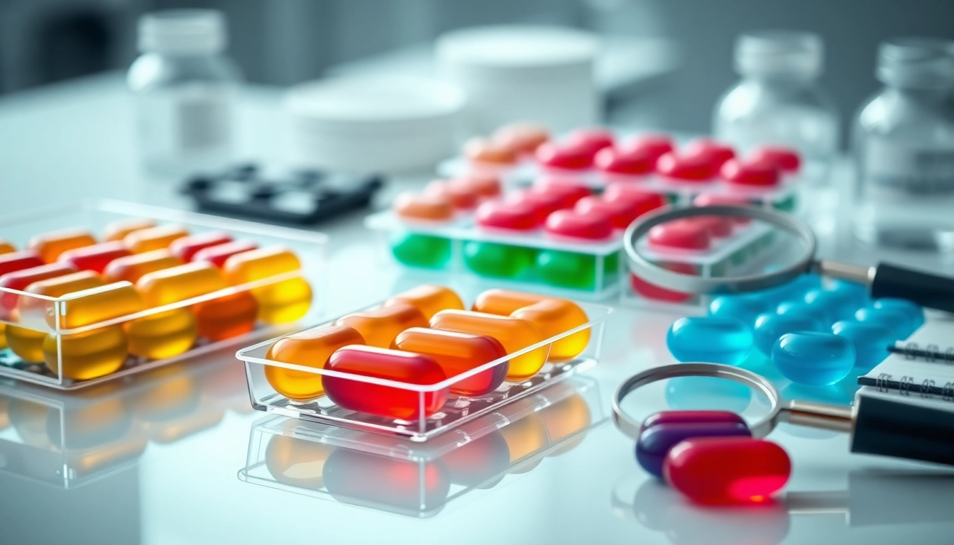 Showcasing softgel trays with vibrant softgels in a professional lab setting