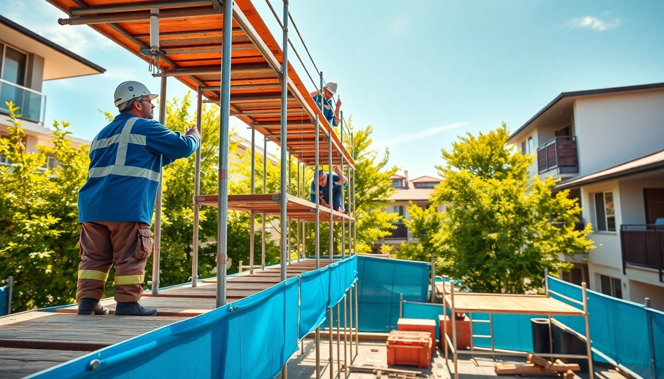 Workers assembling Whangarei scaffolding at a construction site, showcasing safety and professionalism.