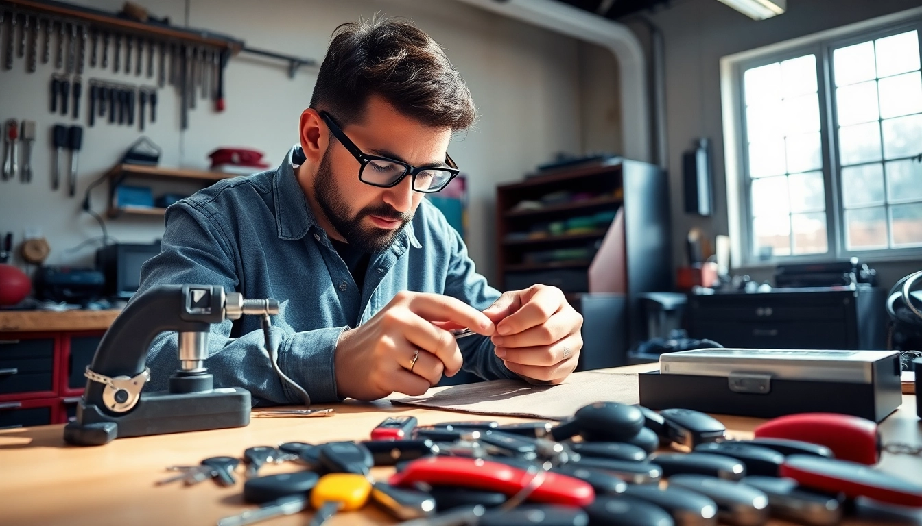 Cutting a Replacement Car Key with precision in an organized automotive locksmith workshop.