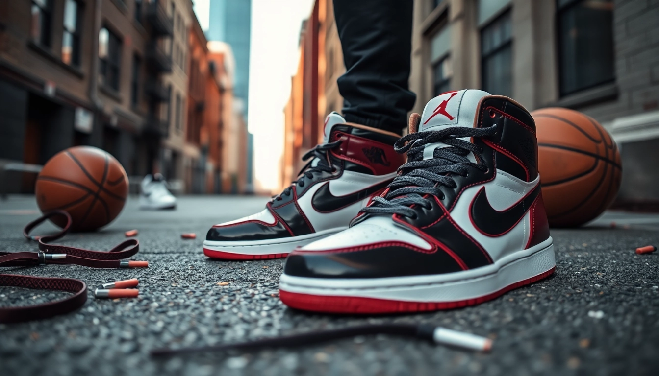 Showcase Jordan 1:1 sneakers with vibrant colors against an urban backdrop highlighting style.