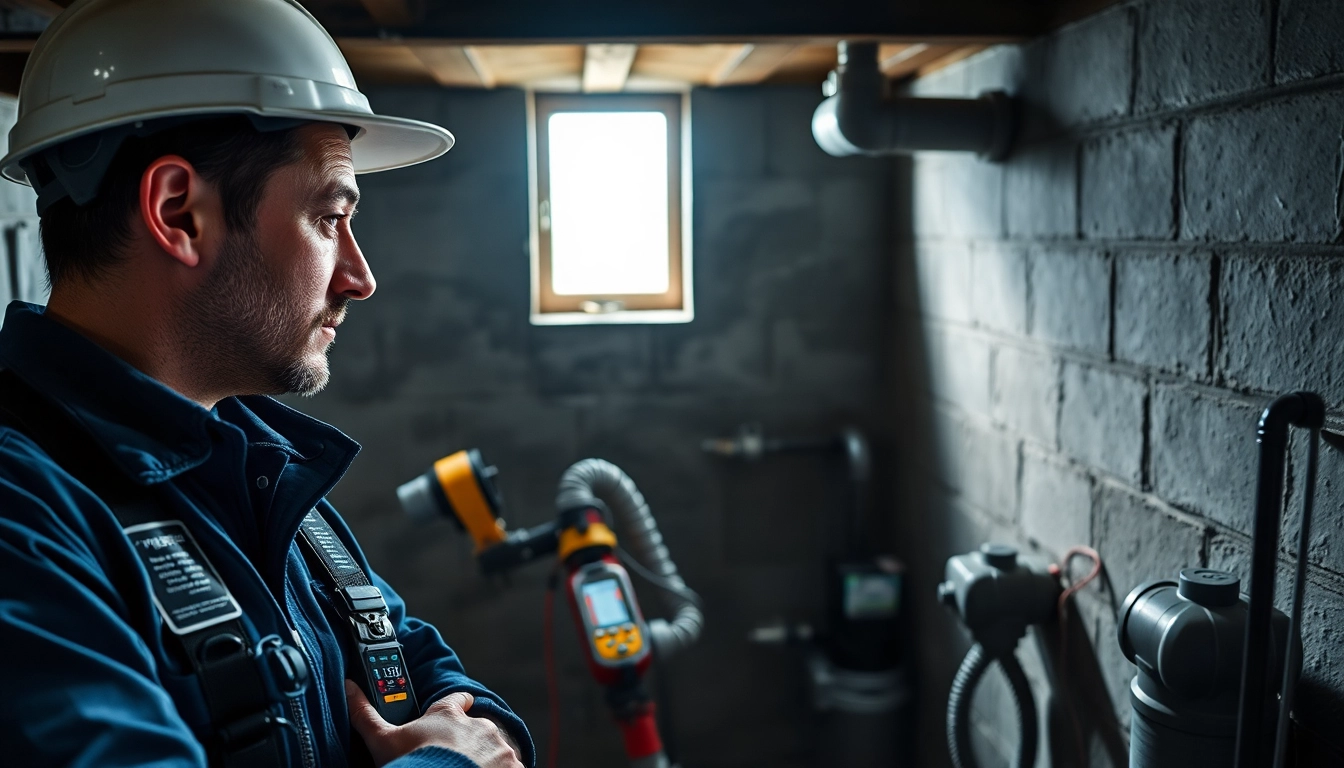 Waterproofing contractors near me Geneva assessing a damp basement for repair solutions.