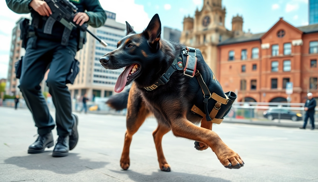 Security Dog Services Birmingham in action with a trained dog and handler in an urban environment.