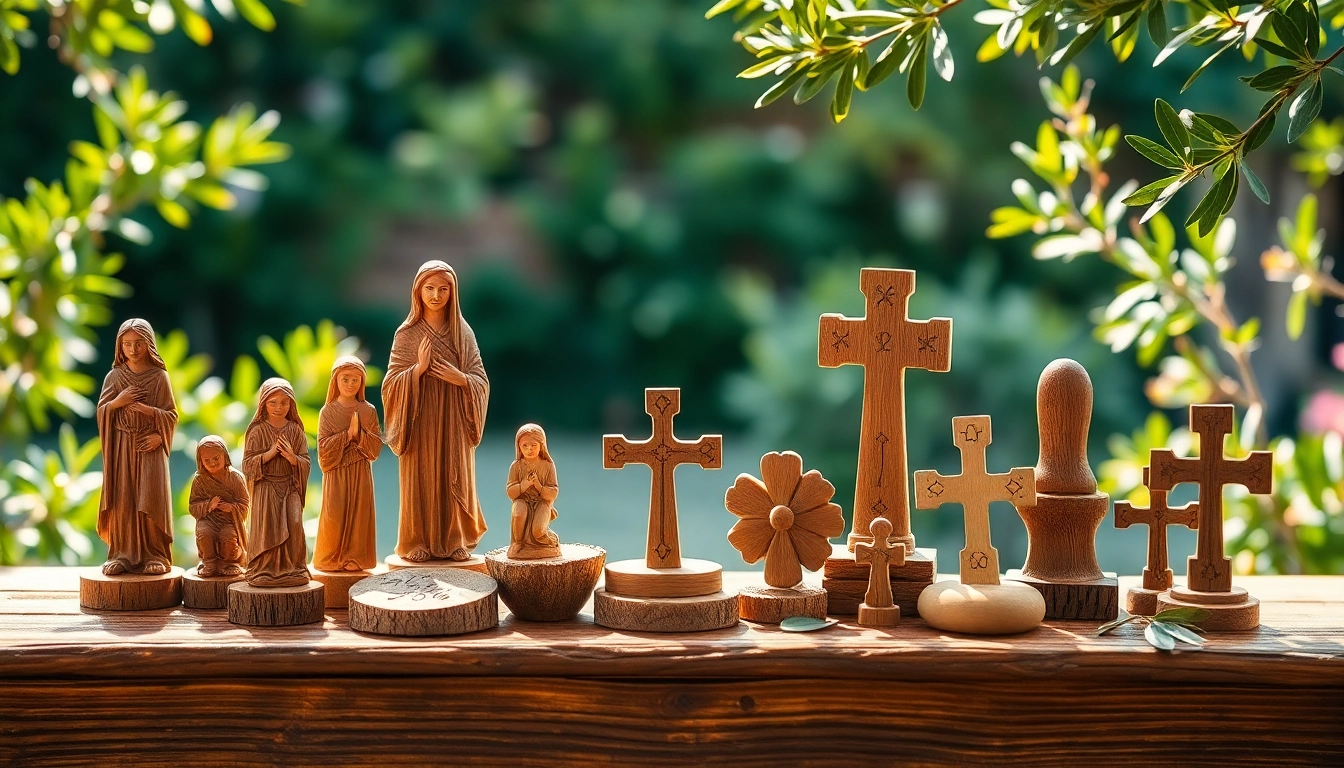 Admire exquisite olive wood carvings showcasing rich textures and intricate designs.