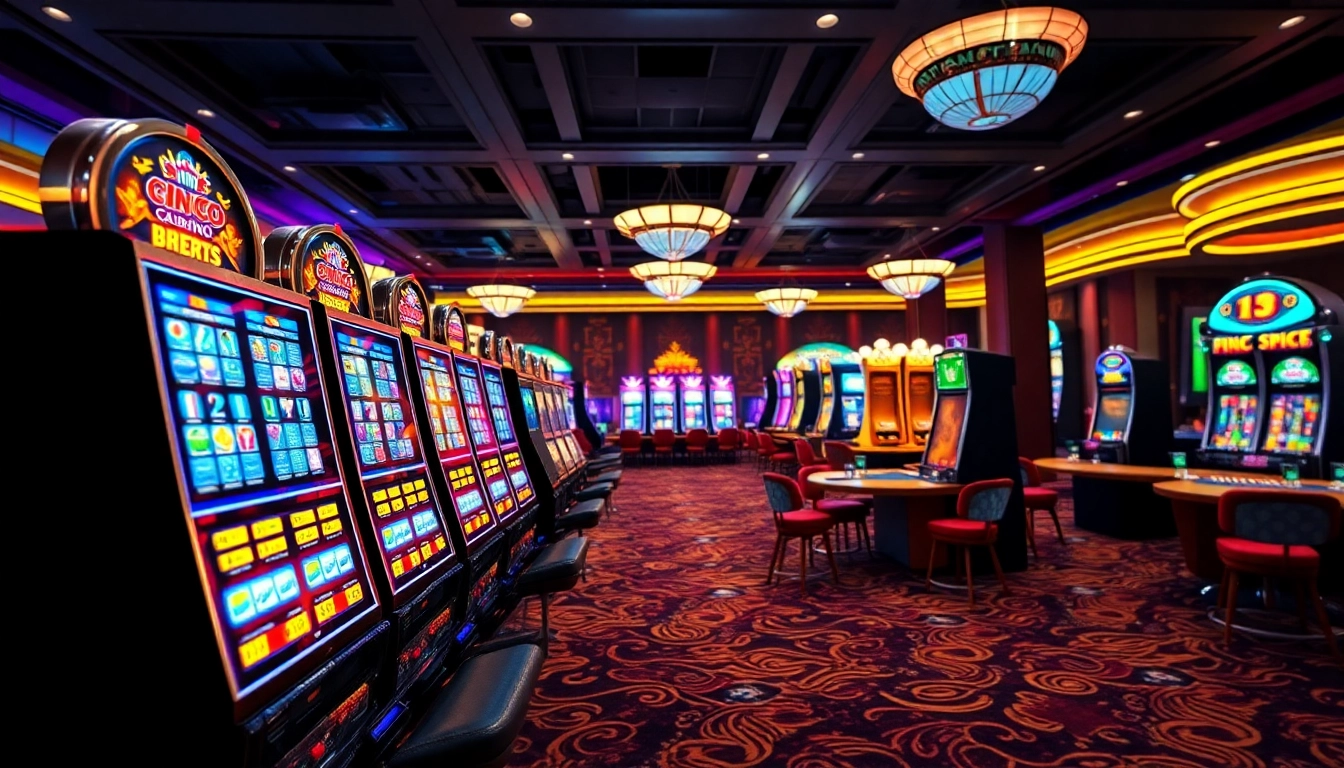 Engage with the vibrant atmosphere of Pinco Casino featuring lively slot machines and gaming tables.