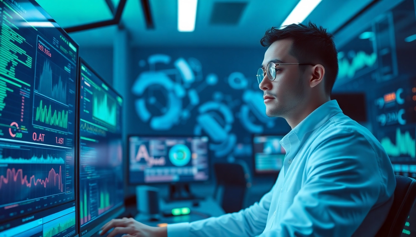 Analyze AI hallucination testing data in a high-tech lab setting with multiple screens.