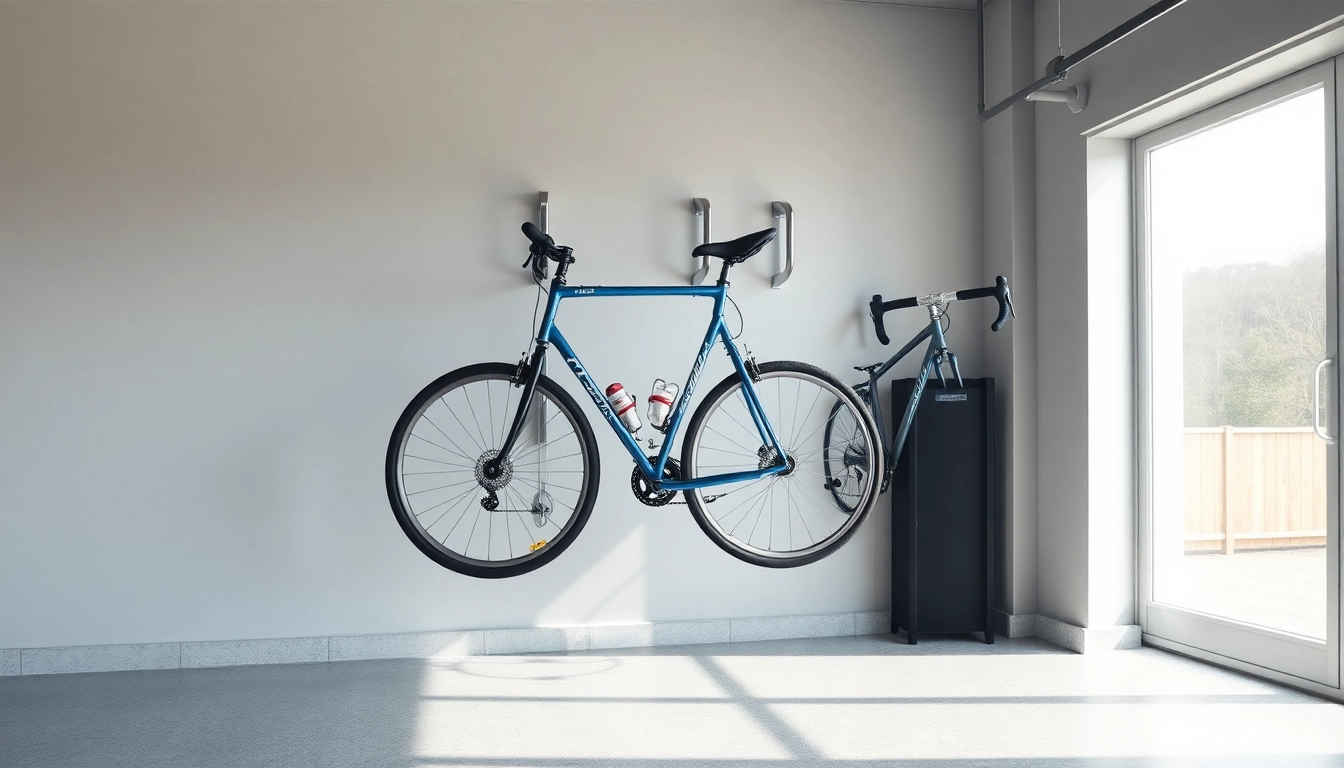 Securely mounted bike wall rack displaying a mountain bike and a road bike in a stylish garage.