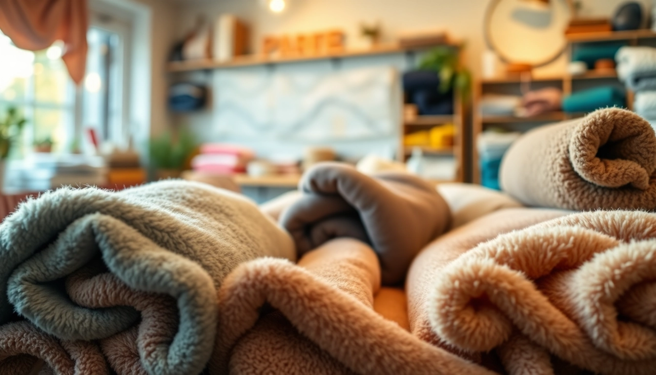 Fleece stof in verschillende kleuren en texturen presenteren in een gezellige setting.