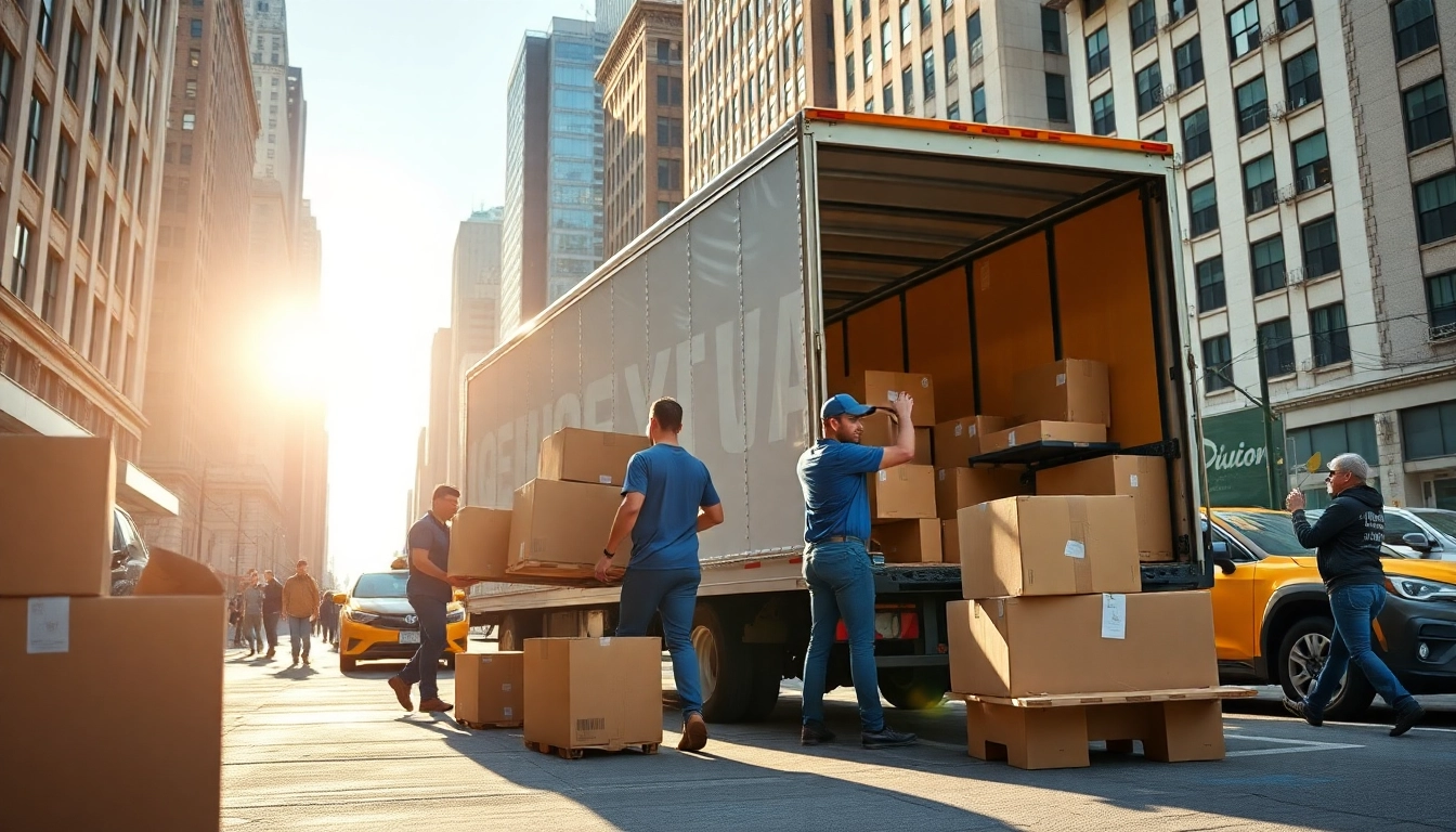 NYC movers efficiently loading a moving truck in a vibrant city environment.