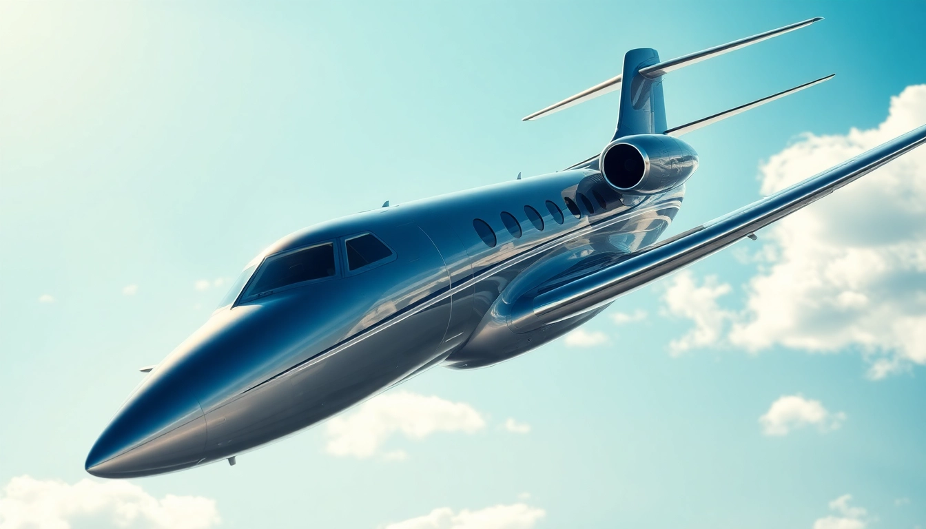 Luxury Private Jets for Rent offering a sleek, polished aircraft soaring against a clear blue sky.