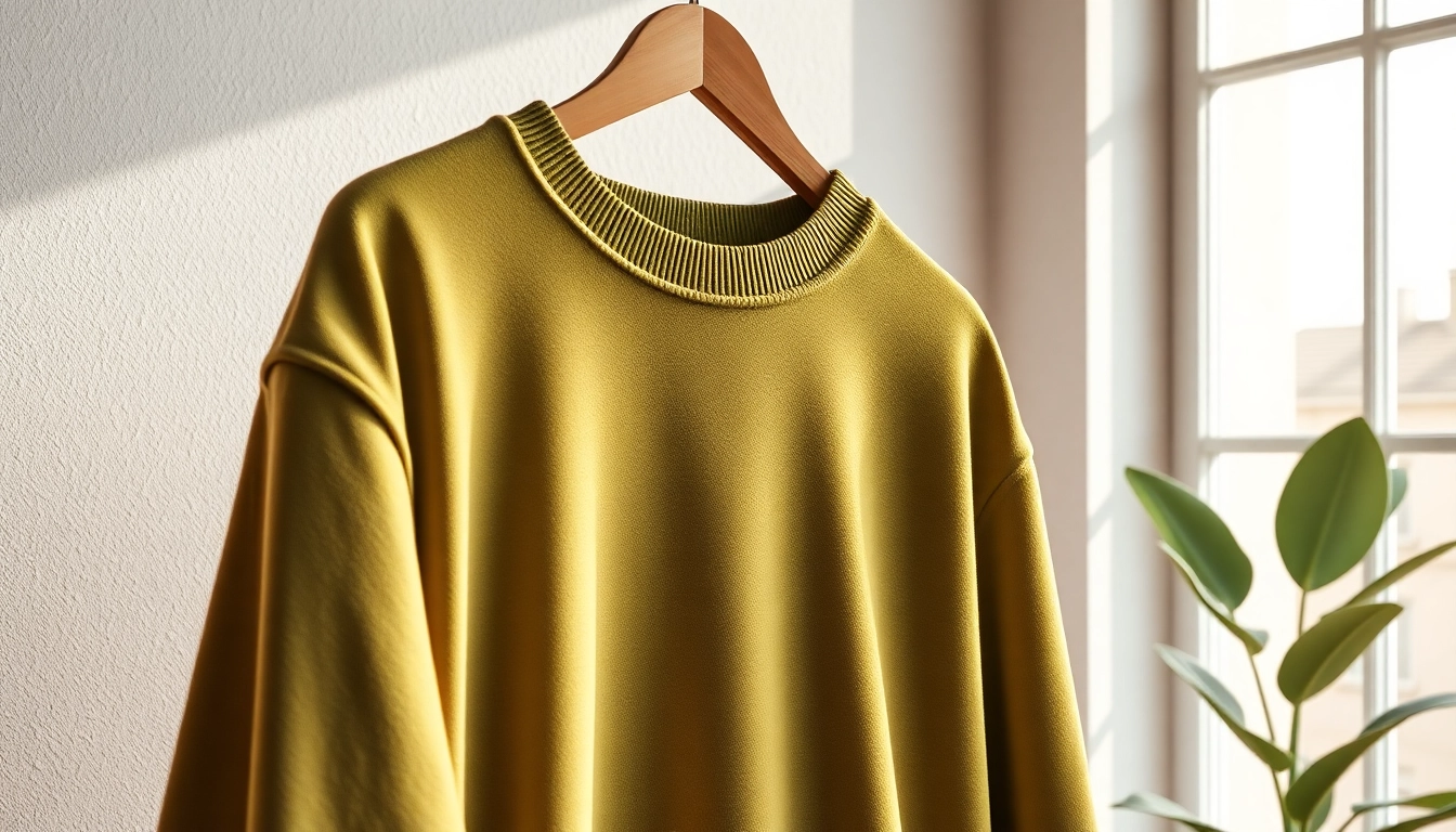 Create a stylish crew neck sweatshirt that showcases soft fabric and color in a cozy setting.