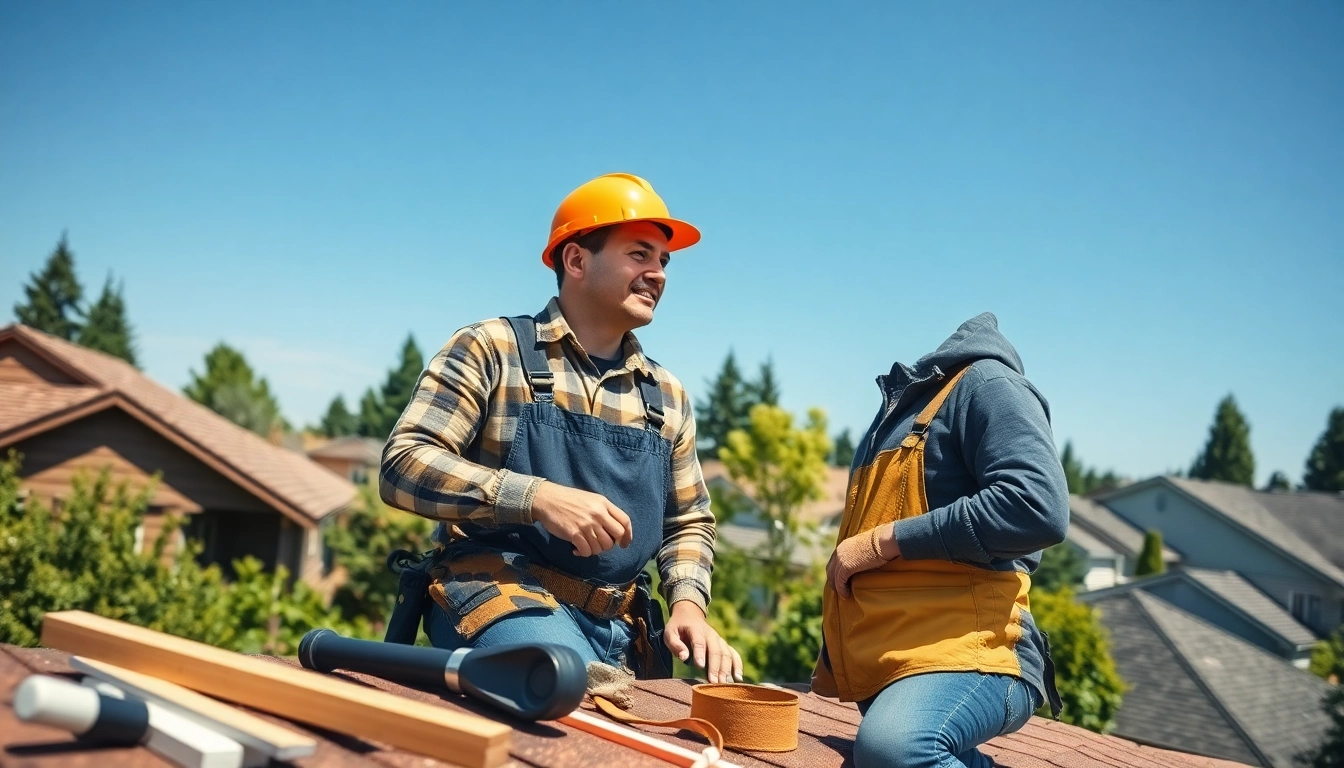 Roof repair Vancouver Wa with a professional discussing options under a clear sky.