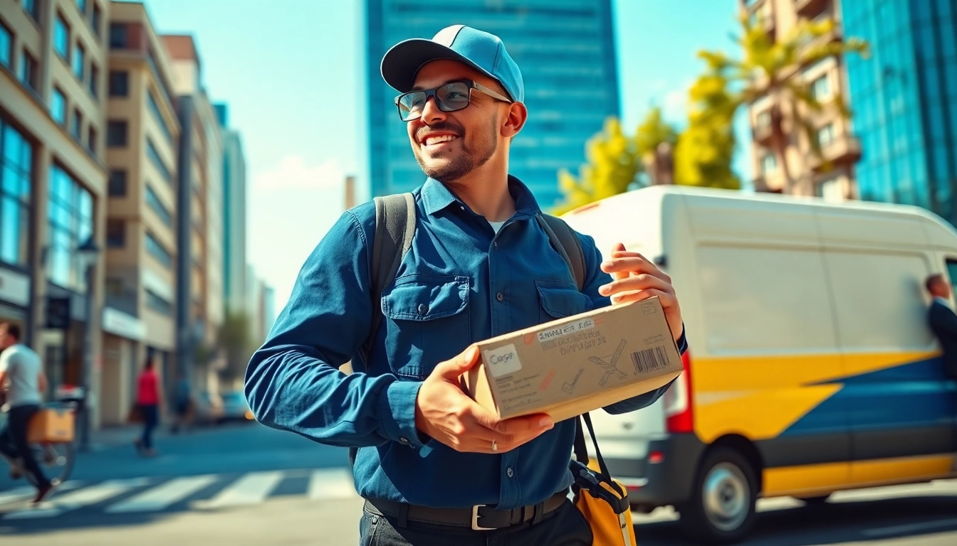 Delivering a package as part of a same day courier service in an urban setting.