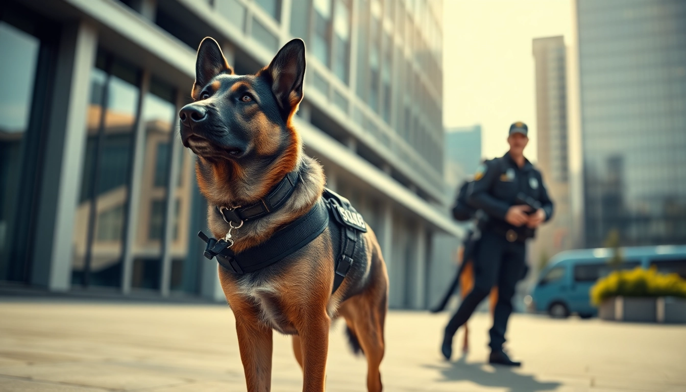 Security Dog Services Birmingham featuring a trained dog displaying vigilance in an urban setting.