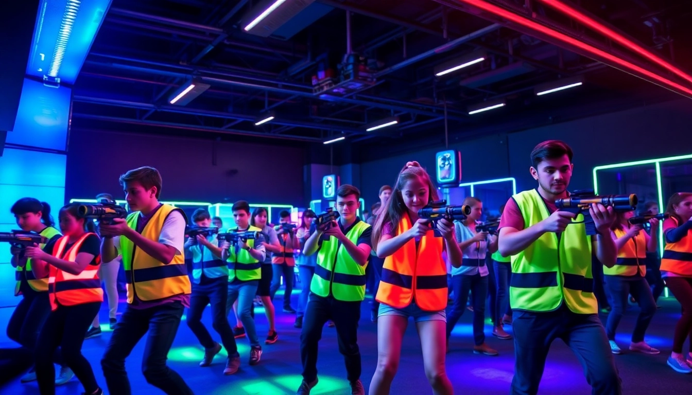 Players enjoying an action-packed laser tag game in a vibrant arena