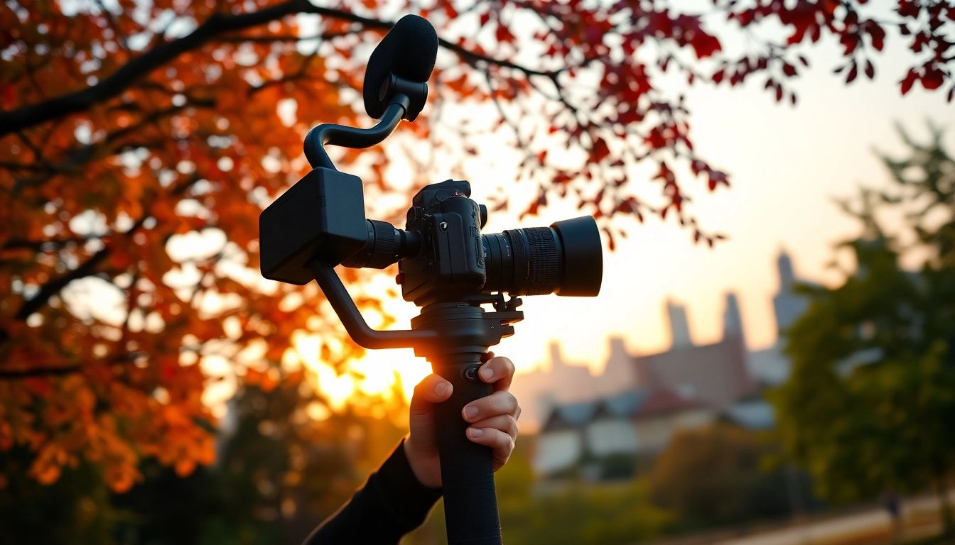 Videographer capturing smooth footage with a Camera Stabilizer in a vibrant outdoor setting.