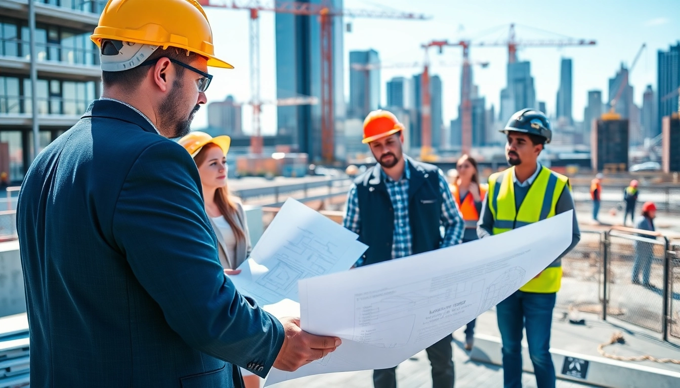 New York Construction Manager discussing plans with a team in a vibrant urban construction site.