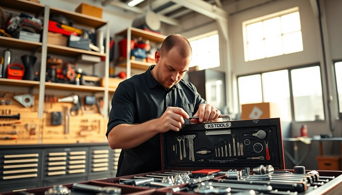 Usa ks tools Mister Worker para una mecánica eficiente y profesional en un entorno de trabajo organizado.