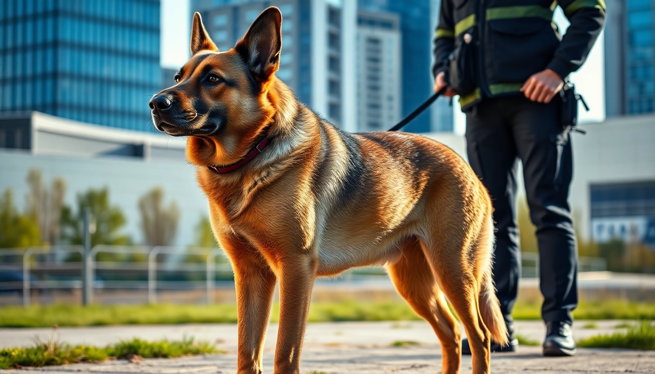 Security Dog Services Birmingham showcased by a vigilant trained dog and handler in an urban setting.