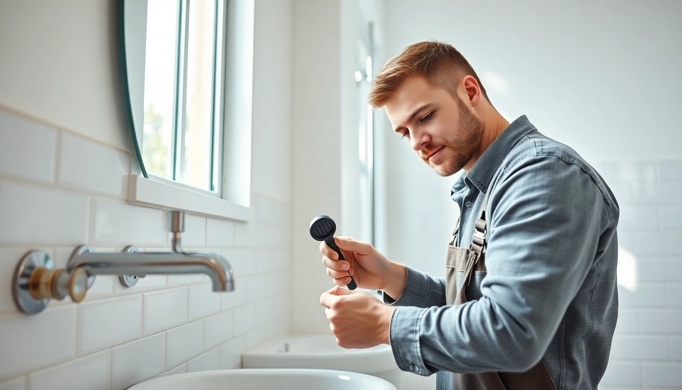 Plumber near me installing fixtures in a bright, modern bathroom setting