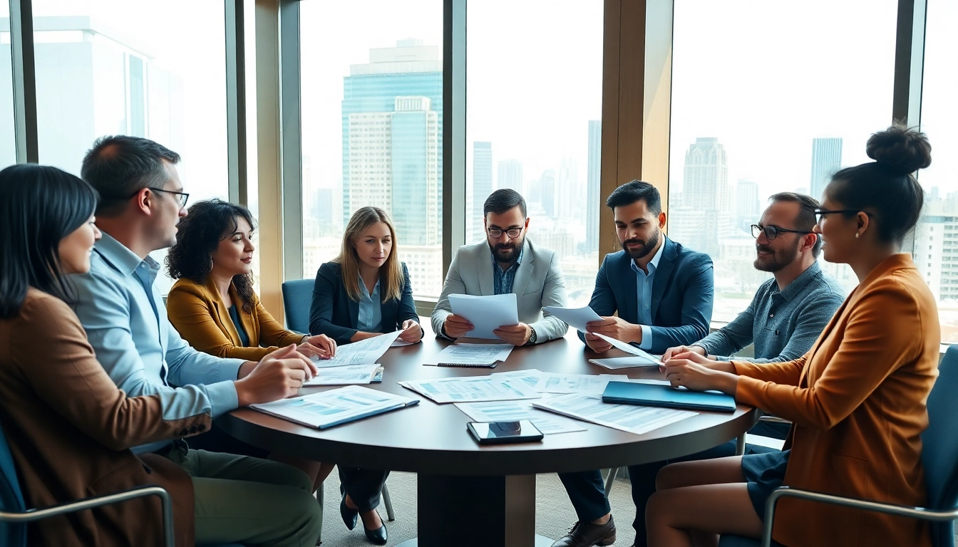 Team analyzing data in a real estate investment group meeting focused on property insights.
