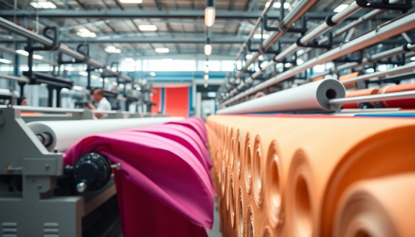 Katoen fabric being processed in a vibrant textile factory.