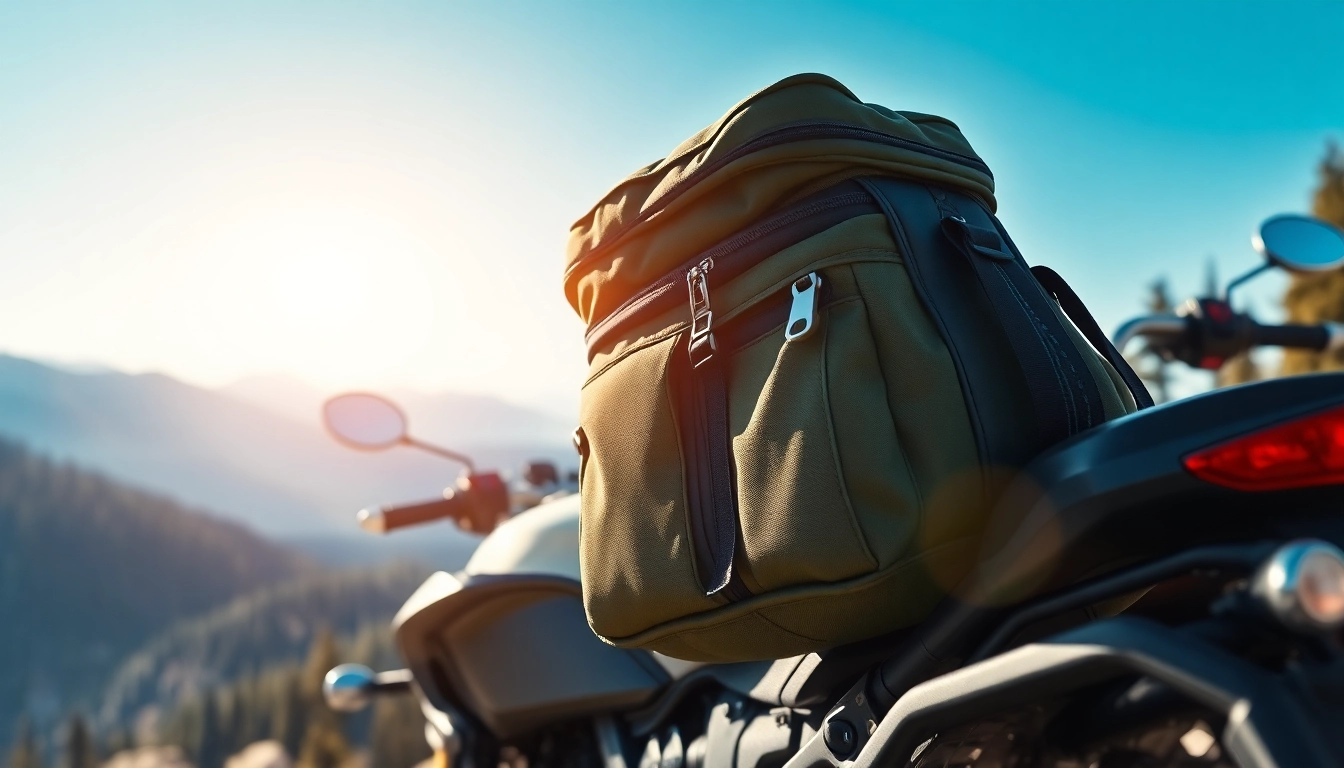 Adventure motorcycle tank bag positioned stylishly on a rugged bike against a scenic backdrop.