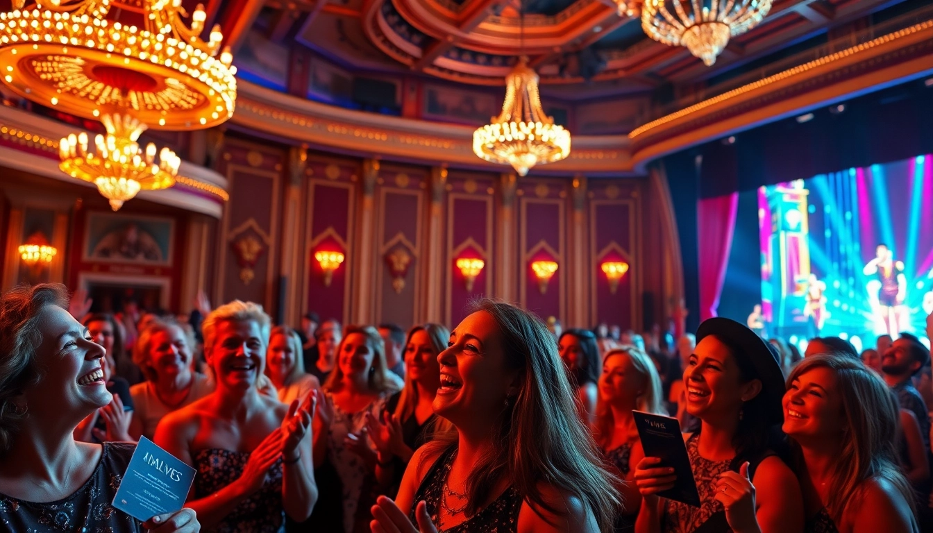 Enjoying a lively matinee vegas show with a cheering audience and vibrant stage lights.