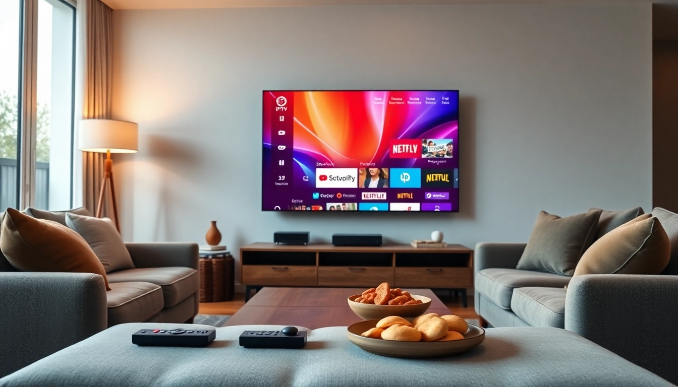 Comprar IPTV en un moderno salón con un televisor mostrando opciones de streaming vibrantes.