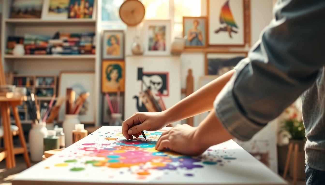 Een kunstenaar werkt aan een kleurrijk schilderij op canvas in een zonnige studio.