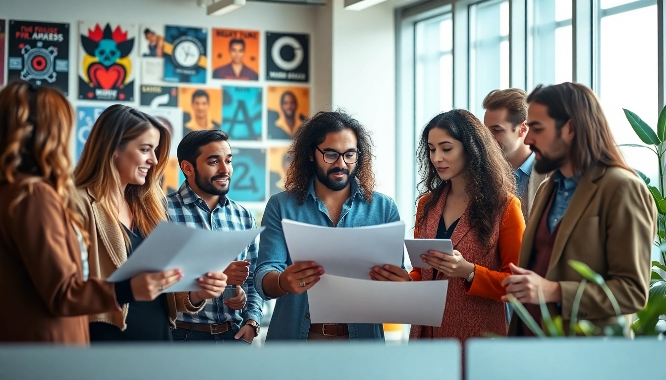 Engaged team of music PR companies specialists collaborating in a vibrant office