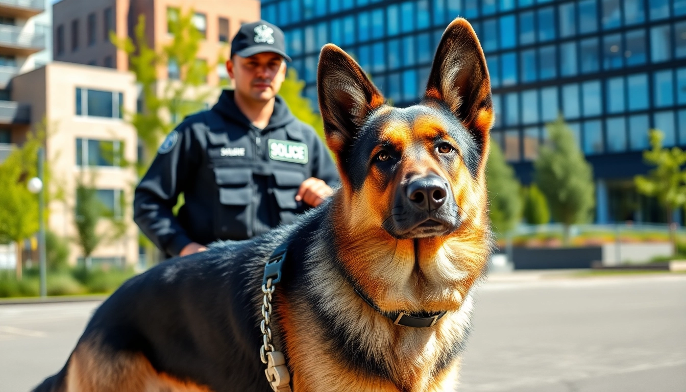 Security Dog Services Birmingham featuring a handler and a trained German Shepherd in an urban setting.
