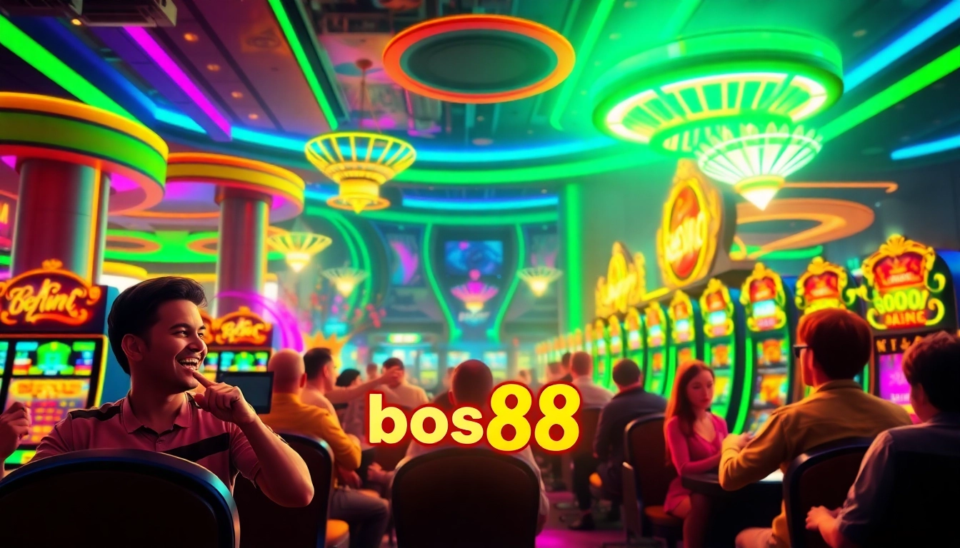 Menampilkan pemain bersemangat dengan bos88 slot di kasino online yang cerah.