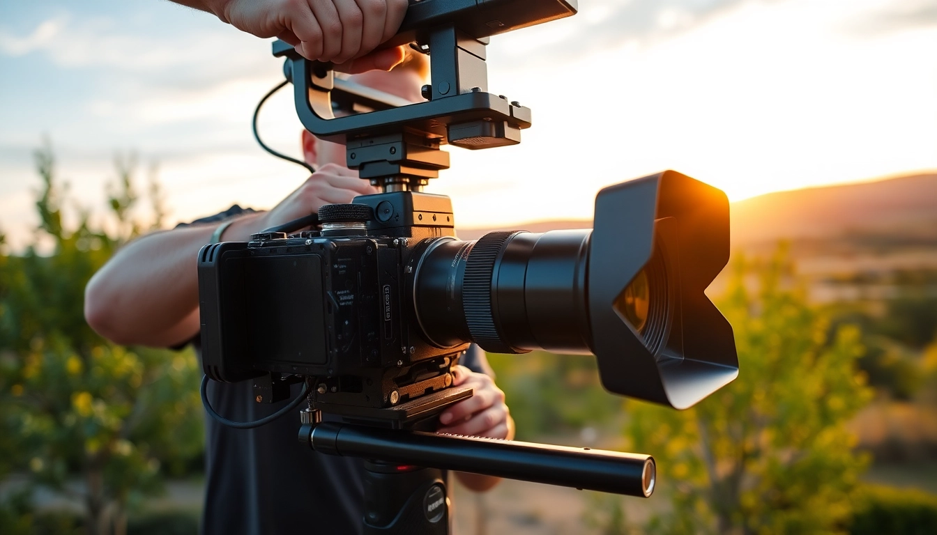 Showcasing a Camera Stabilizer in action as a filmmaker captures vibrant outdoor footage.