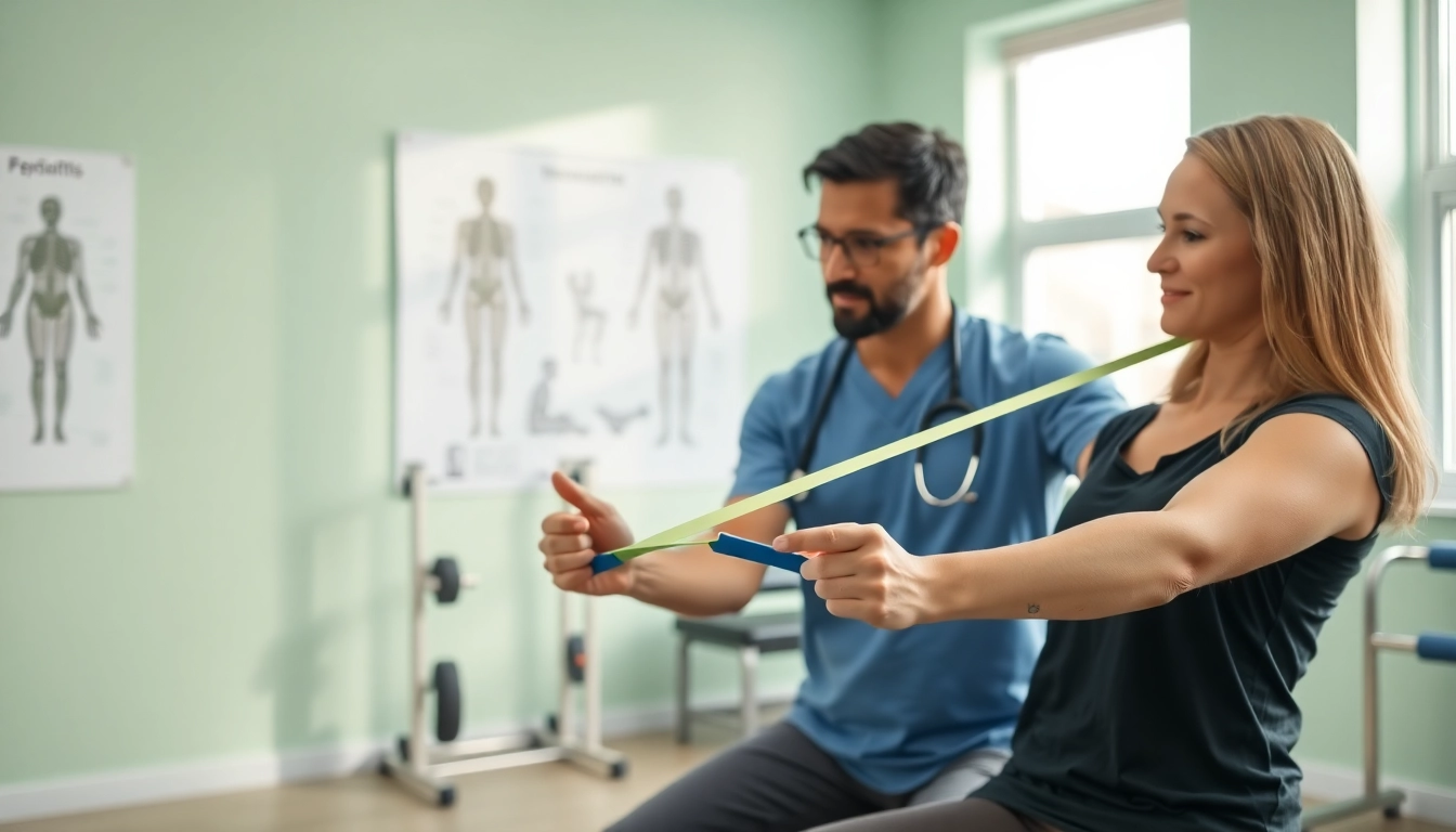 Tendinitis physio treatment session illustrating a physiotherapist helping a patient with rehabilitation exercises.