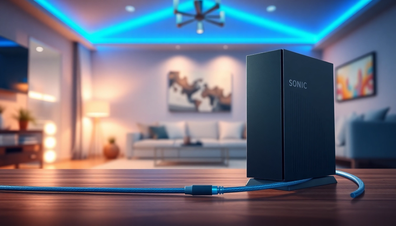 Showcasing Sonic Fiber Internet technology with a sleek modem and fiber-optic cables in a modern room.