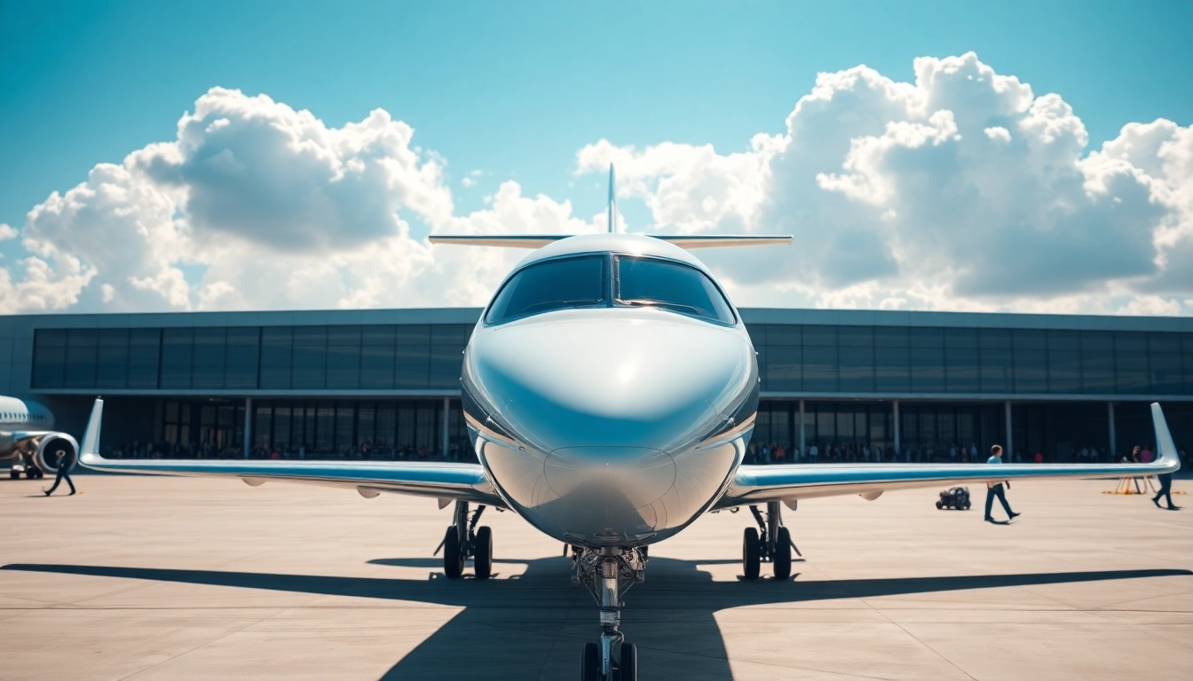 Luxury Private Jets for Rent showcasing a sleek aircraft at a modern airport with bright sunlight.