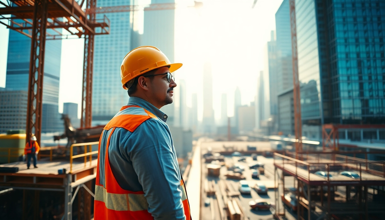 New York City Construction Manager directing a vibrant urban construction site with active workers.