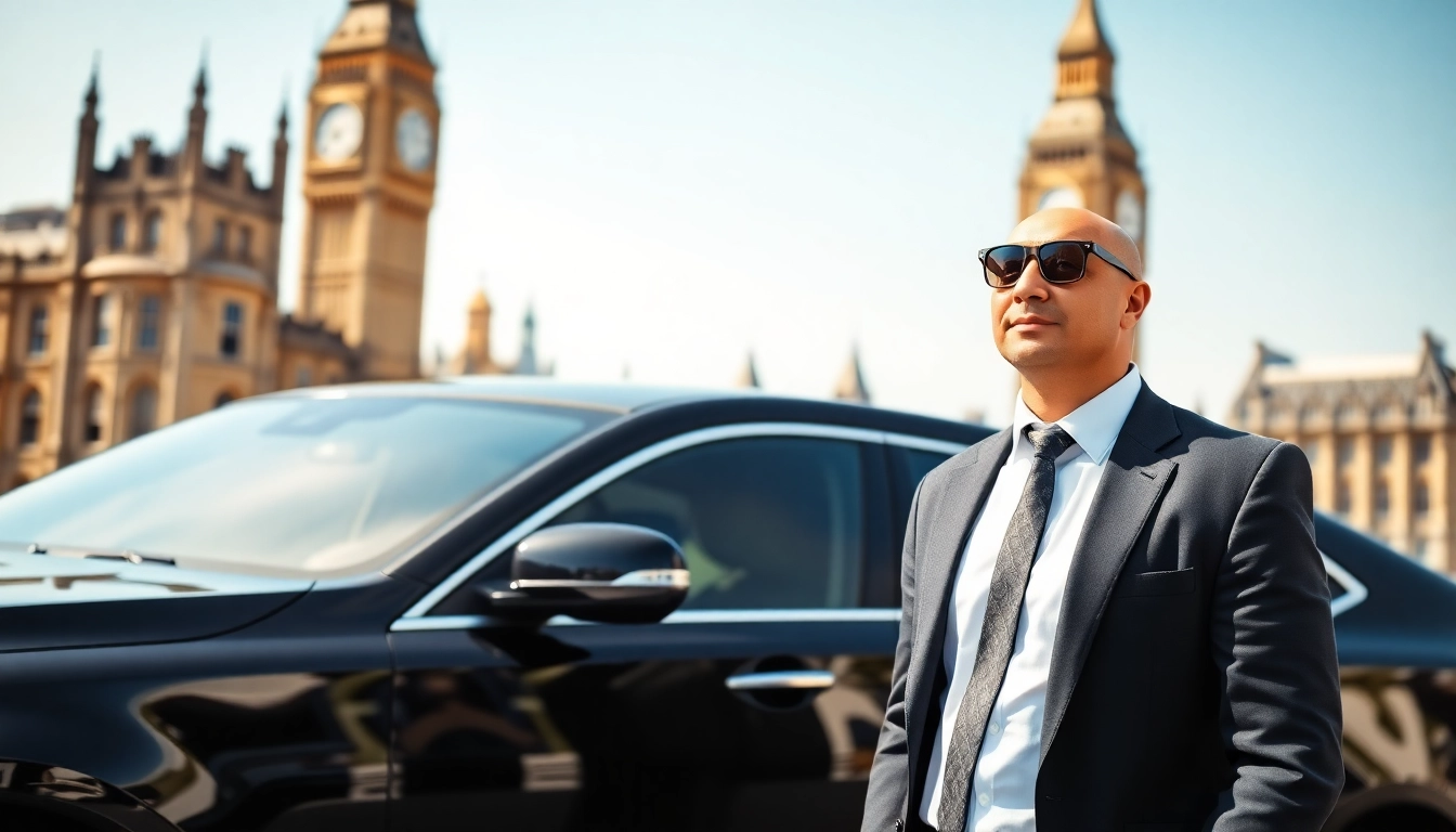 Luxury london chauffeur waiting by a black car near iconic London landmarks.
