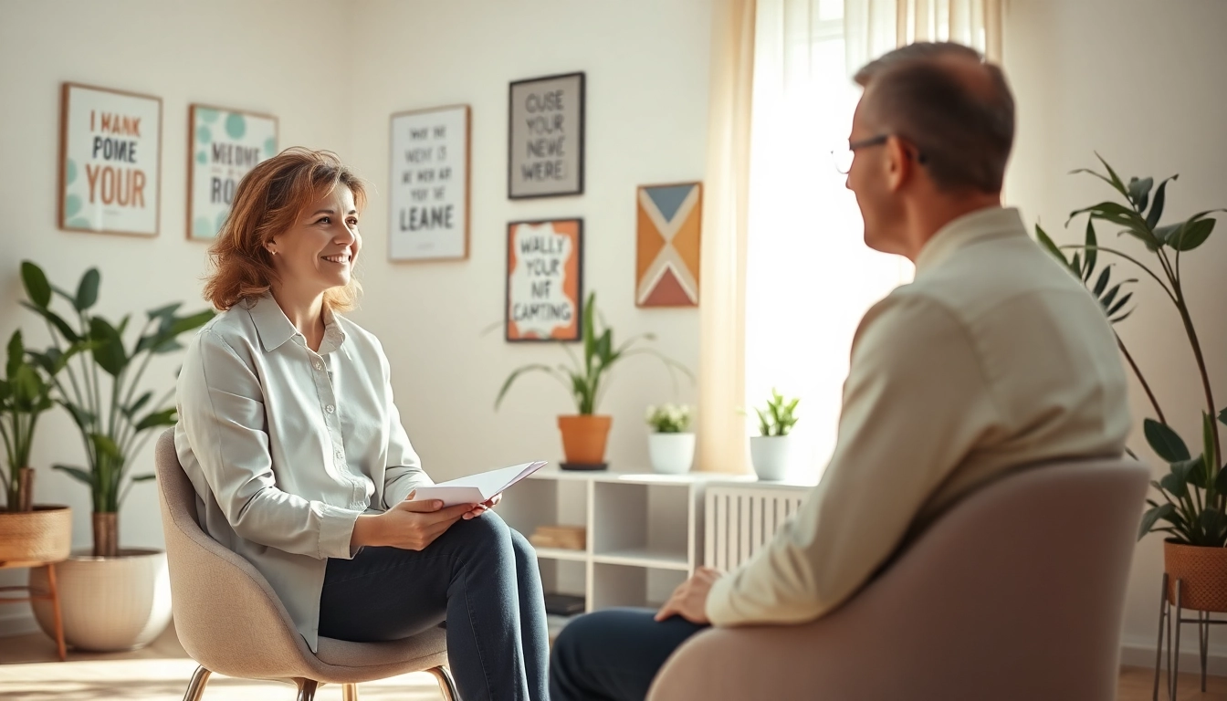 Supportive therapist assisting client with anxiety in a calming office setting.