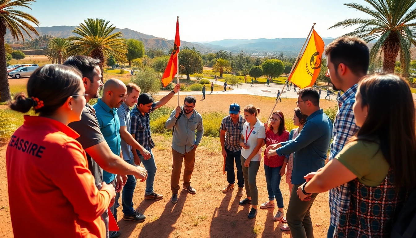 Une activité de team building maroc où des employés collaborent dans un cadre ensoleillé.