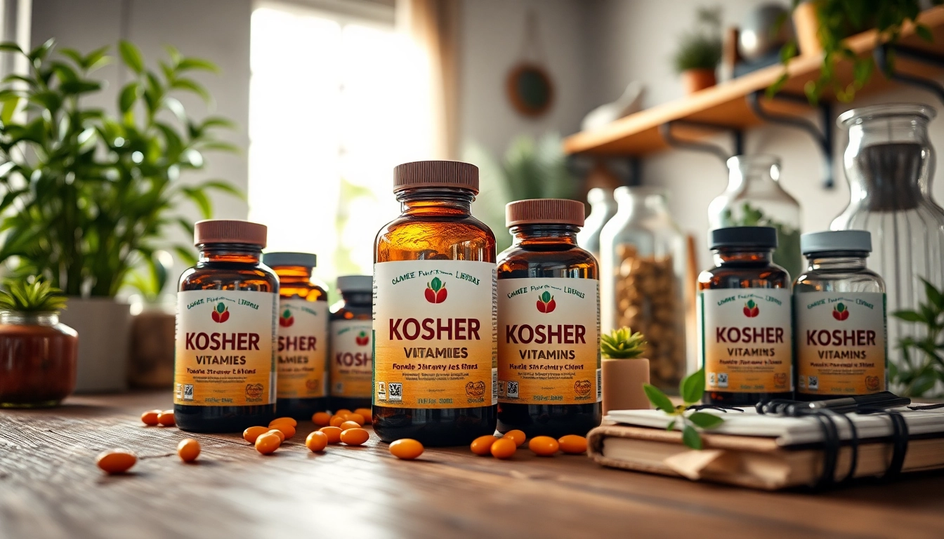 Highlighting high-quality kosher vitamins on a rustic table with greenery.