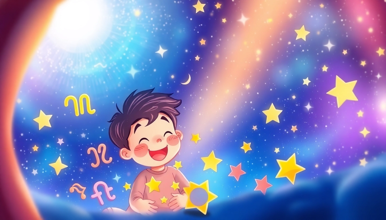 Kinderhoroskop wird durch ein fröhliches Kind mit leuchtenden Astrologie-Symbolen dargestellt.