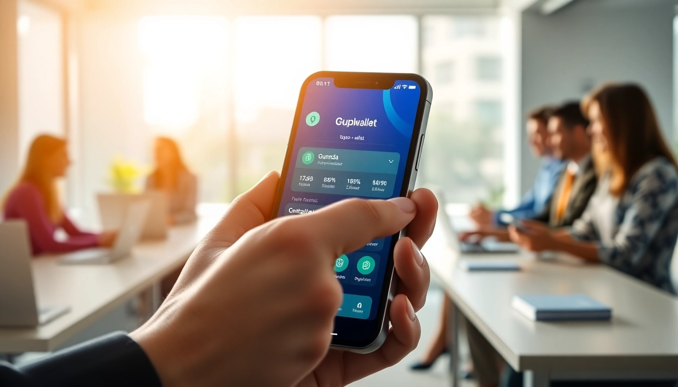 Users managing their transactions with guarda wallet on a smartphone in a modern office.
