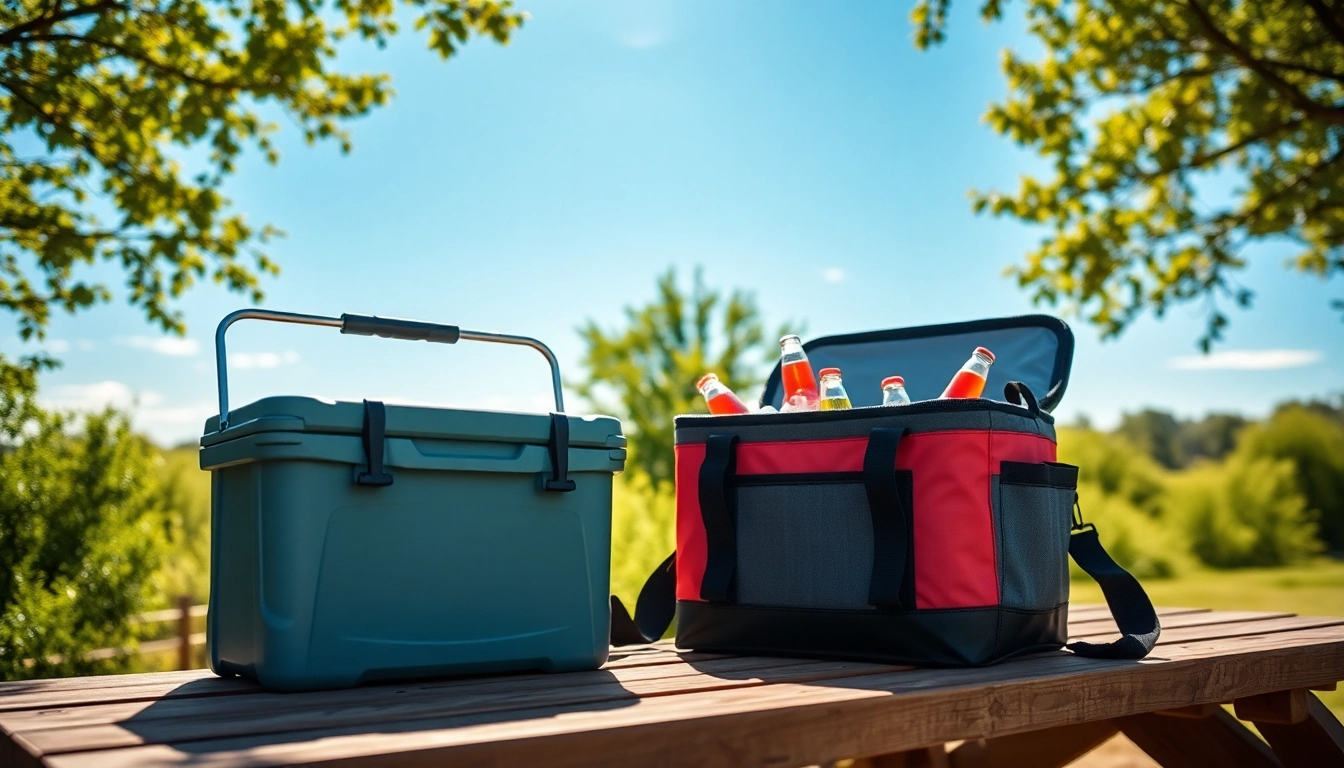 Showcasing insulated coolers on a picnic table, highlighting their durability and vibrant design.